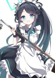 Rule 34 | &lt;key&gt; (robot) (blue archive), 1girl, absurdly long hair, absurdres, apron, aris (blue archive), aris (maid) (blue archive), black hair, blue archive, blue eyes, commentary request, forehead, frilled apron, frills, halo, highres, holding, holding mop, kabocya na, long hair, looking at viewer, maid, maid apron, mop, official alternate costume, official alternate hairstyle, parted bangs, short sleeves, side ponytail, sidelocks, simple background, smile, solo, very long hair, white apron, white background, wristband