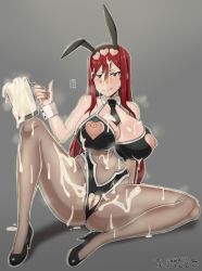 Rule 34 | 1girl, animal ears, arm support, breasts, bukkake, censored, clothing cutout, cum, cum in container, cum in mouth, cum on body, cum on clothes, cum on hair, cum on lower body, cum on upper body, detached collar, detached sleeves, erza scarlet, facial, fairy tail, fake animal ears, functionally nude, gokkun, grey background, grey eyes, handplug, heart, heart-shaped pupils, heart cutout, high heels, highres, huge nipples, large areolae, leotard, licking lips, long hair, looking at viewer, navel, necktie, nipples, playboy bunny, presenting, pussy, rabbit ears, red hair, sitting, spread legs, symbol-shaped pupils, thighs, tongue, tongue out
