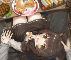 Rule 34 | 1boy, 1girl, :d, animal ear fluff, animal ears, black dress, blush, brown hair, commentary request, cup, dress, eating, fang, food, food on face, fork, from above, green eyes, hair between eyes, headpat, holding, indoors, long hair, long sleeves, onigiri, open mouth, original, plate, psyche3313, sandwich, sitting, sitting on lap, sitting on person, smile, solo focus, steak, table, tail