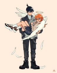 Rule 34 | 2boys, absurdres, angel devil (chainsaw man), angel wings, bandaid, bandaid on knee, bandaid on leg, black footwear, black hair, black nails, carrying, chain, chainsaw man, denim, denim jacket, falling feathers, feathers, grey sweater, hair between eyes, halo, hayakawa aki, highres, implied yaoi, jacket, lodrws, long hair, looking at another, looking down, multiple boys, orange hair, princess carry, short hair, shorts, simple background, sweater, topknot, white background, white sweater, white wings, wings
