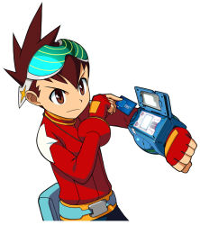 Rule 34 | 00s, 1boy, belt, belt pouch, brown hair, capcom, child, geo stelar (mega man), long sleeves, machinery, male focus, mega man (series), mega man star force, official art, pocket, pouch, red eyes, screen, simple background, solo, spiked hair, upper body, white background