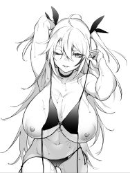 Rule 34 | 1girl, ahoge, arm behind head, armpits, azur lane, bare shoulders, bikini, bikini top lift, black bikini, black choker, black ribbon, breasts, breasts out, cameltoe, choker, cleavage, clothes lift, collarbone, commentary, greyscale, hair between eyes, hair ribbon, highres, huge breasts, lifted by self, long hair, looking at viewer, monochrome, multicolored hair, navel, nipples, one eye closed, open mouth, prinz eugen (azur lane), prinz eugen (unfading smile) (azur lane), ribbon, shingo., side-tie bikini bottom, simple background, smile, solo, streaked hair, swimsuit, two side up, untied bikini, very long hair, wet, white background