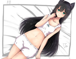 Rule 34 | 10s, 1girl, black hair, bloomers, blush, bra, breasts, cleavage, from above, green eyes, groin, hair between eyes, highres, long hair, looking at viewer, lying, navel, on back, solo, stomach, tatsumi kon, underwear, underwear only, urara meirochou, white bloomers, white bra