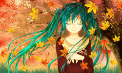Rule 34 | 1girl, aqua hair, autumn, autumn leaves, collarbone, closed eyes, facing viewer, flower, hands on own chest, hatsune miku, holding, holding flower, long hair, long sleeves, mariwai (marireroy), parted lips, portrait, solo, tree, twintails, very long hair, vocaloid