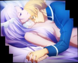 Rule 34 | 1boy, 1girl, :d, bed, blue jacket, breasts, choker, clothed male nude female, convenient censoring, couple, eugeo, closed eyes, hair censor, hair ornament, half-closed eyes, holding hands, hetero, highres, interlocked fingers, jacket, large breasts, light purple hair, long hair, long sleeves, looking up, lying, neck, nude, on back, on bed, open mouth, parted lips, purple eyes, quinella, screencap, short hair, sleeping, smile, stitched, sword art online, third-party edit, upper body