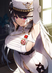 Rule 34 | 1girl, :q, armpits, arms up, azur lane, black hair, black thighhighs, blush, breasts, cape, elbow gloves, gloves, hat, large breasts, long hair, looking at viewer, pamiat merkuria (azur lane), retrofit (azur lane), side slit, sideboob, smile, solo, steam, thighhighs, tongue, tongue out, white gloves, xe (execut3r)