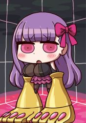 Rule 34 | 1girl, april fools, arm support, blunt bangs, blush, breasts, chibi, fate/grand order, fate (series), long hair, looking at viewer, official art, open mouth, passionlip (fate), pink eyes, purple hair, riyo (lyomsnpmp), solo, very long hair