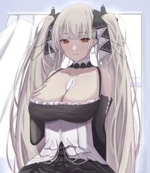 Rule 34 | 1girl, azur lane, bare shoulders, between breasts, black dress, black ribbon, breasts, cleavage, clothing cutout, detached collar, dress, formidable (azur lane), frilled dress, frills, grey hair, hair ribbon, hands on own chest, highres, large breasts, light smile, long hair, looking at viewer, necktie, necktie between breasts, red eyes, ref (pmxt4483), ribbon, shoulder cutout, solo, twintails, two-tone dress, two-tone ribbon, very long hair, white ribbon