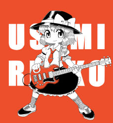 Rule 34 | 1girl, bad id, bad pixiv id, bass guitar, bow, character name, chibi, electric guitar, guitar, hair bow, hat, highres, instrument, jirousan21, monochrome, pozesuke, red background, ribbon, short hair, skirt, smile, solo, spot color, tie clip, touhou, usami renko, yatarou (zombie worker)