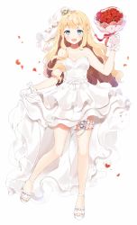 Rule 34 | 1girl, :d, ahoge, bad id, bad pixiv id, bare arms, bare legs, bare shoulders, blue eyes, blue ribbon, blush, bouquet, breasts, bridal garter, bridal veil, cleavage, collarbone, copyright request, crown, dress, flower, frilled gloves, frills, gloves, heart, highres, holding, holding bouquet, layered dress, leg up, long hair, looking at viewer, mini crown, no socks, ongyageum, open mouth, petals, red flower, red rose, ribbon, rose, rose petals, shoes, simple background, skirt hold, small breasts, smile, solo, standing, standing on one leg, strapless, strapless dress, tareme, thick eyebrows, toeless footwear, veil, very long hair, wavy hair, wedding dress, white background, white footwear, white gloves