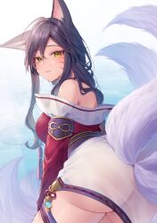 Rule 34 | 1girl, ahri (league of legends), animal ears, ass, bare shoulders, black hair, blush, closed mouth, commentary, cowboy shot, facial mark, fox ears, fox girl, fox tail, from behind, from side, hair between eyes, highres, lake, league of legends, long hair, looking at viewer, looking back, momoirone, multiple tails, see-through, solo, standing, tail, water, water drop, wet, wet clothes, wet hair, whisker markings, yellow eyes