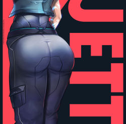 Rule 34 | 1girl, ass, ass focus, badcompzero, character name, close-up, highres, jett (valorant), lower body, pants, red background, riot games, simple background, solo, tattoo, thighs, tight clothes, tight pants, valorant
