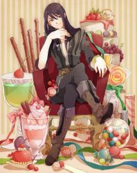 Rule 34 | 00s, 1boy, armchair, bad id, bad pixiv id, black eyes, black hair, boots, bow, bracelet, cake, candy, chair, cherry, chewing gum, coat, crossed legs, food, fruit, full body, gomosawa, grapes, grey footwear, jar, jewelry, knee boots, lollipop, long hair, male focus, open clothes, open shirt, pants, parfait, pastry, red upholstery, ribbon, shirt, sitting, smile, solo, strawberry, sweets, tales of (series), tales of vesperia, wrapped candy, yuri lowell