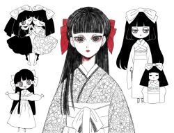 Rule 34 | 2girls, alternate costume, blunt bangs, bow, cheek-to-cheek, closed eyes, closed mouth, doll, dot mouth, dress, eleanor (ohmyeleanor), expressionless, eyeliner, floral print, floral print dress, floral print kimono, furisode, greyscale, hair bow, hair ribbon, half-closed eyes, heads together, holding hands, ichimatsu doll, ichimatsu suzuka, indie virtual youtuber, japanese clothes, kimono, long hair, long sleeves, looking at viewer, makeup, monochrome, multiple girls, multiple views, obi, obijime, one eye closed, open mouth, puffy long sleeves, puffy short sleeves, puffy sleeves, red eyeliner, red lips, red ribbon, ribbon, ringed eyes, sash, short sleeves, simple background, smile, spot color, standing, virtual youtuber