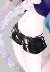 Rule 34 | 1girl, bad id, bad twitter id, black shorts, blue panties, character request, commentary request, copyright request, crop top, feet out of frame, grey background, groin, highres, long braid, long hair, lower body, midriff, navel, panties, short shorts, shorts, silver hair, simple background, solo, stomach, thighs, underwear, very long hair, yonemuro