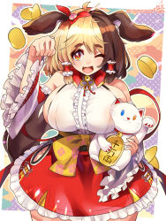 Rule 34 | 1girl, ;d, alternate costume, bell, breasts, center frills, coin, dog girl, fang, frilled skirt, frills, hachiko of castling, highres, huge breasts, japanese clothes, last origin, looking at viewer, maneki-neko, miko, neck bell, one eye closed, open mouth, paw pose, red eyes, red skirt, ribbon-trimmed sleeves, ribbon trim, sideboob, skin fang, skirt, smile, solo, umigarasu (kitsune1963)