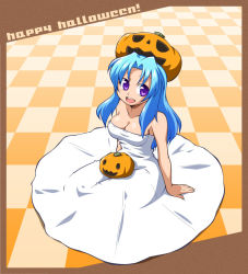 Rule 34 | 1girl, arm support, bad id, bad pixiv id, bare shoulders, blue hair, breasts, checkered floor, chiki (chikibw), circle skirt, cleavage, dress, floor, halloween, happy halloween, jack-o&#039;-lantern, long hair, medium breasts, object on head, on floor, open mouth, original, pumpkin, purple eyes, sitting, smile, solo, white dress