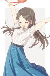Rule 34 | 1girl, ^ ^, arms up, blue skirt, blunt ends, blush, brown hair, closed eyes, floral print, gakuen idolmaster, highres, idolmaster, kuramoto china, long hair, outstretched arms, shirt, shirt tucked in, short sleeves, simple background, skirt, smile, solo, teeth, two-tone background, upper teeth only, usagichama, very long hair, white shirt