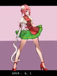 Rule 34 | 1girl, 2014, :d, bandages, bun cover, chinese clothes, dated, double bun, false arm, flower, full body, green skirt, grin, high heels, highres, ibaraki kasen, letterboxed, looking at viewer, namauni, open mouth, pink eyes, pink hair, puffy short sleeves, puffy sleeves, rose, short sleeves, skirt, smile, solo, tabard, touhou