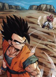 Rule 34 | after battle, angry, black eyes, black hair, dragon ball, facing each other, looking back, majin buu, muscular, muscular male, potential unleashed, serious, son gohan, spiked hair, standing, super buu, ultimate gohan