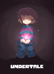 Rule 34 | androgynous, ankle boots, boots, brown background, brown hair, closed eyes, copyright name, denim, everina, frisk (undertale), gender request, glowing, heart, kneeling, pants, shirt, short hair, simple background, solo, striped clothes, striped shirt, undertale