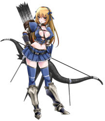 Rule 34 | 1girl, amagai yukino, armor, armored dress, arrow (projectile), azure (armor), belt, belt bra, blonde hair, blue thighhighs, bow (weapon), breasts, capcom, cleavage, hairband, long hair, midriff, monster hunter, monster hunter (series), monster hunter frontier, navel, quiver, ribbon, simple background, skirt, solo, standing, thighhighs, weapon, zettai ryouiki
