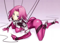 Rule 34 | 1girl, ass, bodysuit, breasts, cable, highres, lying, nagi ryou, on stomach, original, pink hair, pink theme, plugsuit, purple eyes, short hair, skin tight, solo