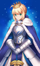 Rule 34 | 1girl, ahoge, armor, artoria pendragon (fate), blonde hair, breastplate, cape, crown, dress, fate/stay night, fate (series), fur-trimmed cape, fur trim, green eyes, highres, planted sword, planted, saber (fate), smile, solo, sword, weapon, yuki (clydtc)