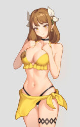 Rule 34 | 1girl, bare arms, bare shoulders, bikini, blush, breasts, brown eyes, brown hair, commentary, cowboy shot, fire emblem, fire emblem engage, goldmary (fire emblem), grey background, hair ribbon, hands on own chest, highres, large breasts, long hair, looking at viewer, navel, nintendo, ribbon, sarong, simple background, smile, solo, standing, stomach, swimsuit, thighs, white ribbon, yellow bikini, yycaihuahua
