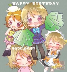 1girl :d ;) ^_^ absurdres apron arm_up blush brown_hair canyon_2019 closed_eyes closed_mouth commentary dated deformed green_background happy_birthday hat highres holding holding_pom_poms koizumi_hanayo looking_at_viewer love_live! love_live!_school_idol_project maid mini_hat mogyutto_&quot;love&quot;_de_sekkin_chuu! multiple_views official_alternate_costume one_eye_closed open_mouth pink_eyes pink_shirt pom_pom_(cheerleading) pom_poms puffy_short_sleeves puffy_sleeves shirt short_hair short_sleeves simple_background smile split_mouth symbol-only_commentary t-shirt yellow_apron