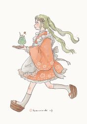 Rule 34 | 1girl, apron, artist name, back bow, blush, bow, cherry, cream soda, cup, dress, drink, drinking straw, floral print, flower, food, frilled apron, frilled dress, frilled kimono, frilled sleeves, frills, from side, fruit, full body, green hair, hair flower, hair ornament, harunochi, highres, holding, holding tray, ice cream, ice cream float, japanese clothes, kimono, kneehighs, long hair, long sleeves, looking ahead, maid, maid apron, open mouth, orange kimono, original, parted lips, profile, sandals, sidelocks, simple background, socks, solo, tray, twintails, wa maid, waist apron, walking, white apron, white background, white socks, wide sleeves