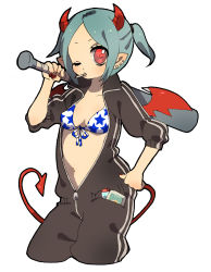 Rule 34 | 1girl, aqua hair, bad id, bad pixiv id, baseball bat, bikini, bikini top only, blue hair, blush, cigarette, cowboy shot, cropped legs, demon tail, ear piercing, front-tie top, full-length zipper, hand on own hip, highres, hip focus, horns, nail polish, one eye closed, oni, open clothes, open shirt, open zipper, original, over shoulder, piercing, pointy ears, red eyes, red nails, shirt, smoking, solo, swimsuit, tail, track suit, unzipped, wamochi, wings, wink, zipper