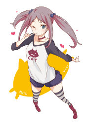 Rule 34 | 10s, 1girl, ;o, blowing kiss, blue eyes, hair bobbles, hair ornament, heart, highres, hiva+, okamoto miyu, one eye closed, open mouth, pink hair, pointing, pointing at self, raglan sleeves, solo, standing, striped clothes, striped thighhighs, thighhighs, twintails, wake up girls!, wink, zettai ryouiki