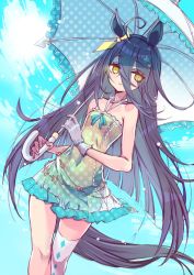 Rule 34 | 1girl, ahoge, animal ears, bare shoulders, beach umbrella, black hair, blue background, blue ribbon, chain, closed mouth, collarbone, covered navel, day, dutch angle, ear ornament, feet out of frame, frilled gloves, frilled swimsuit, frilled umbrella, frills, gloves, gold chain, green one-piece swimsuit, hair between eyes, hair ornament, highres, holding, holding umbrella, horse ears, horse girl, horse tail, light blush, long bangs, long hair, looking at viewer, manhattan cafe (umamusume), mimishiky, one-piece swimsuit, polka dot, polka dot swimsuit, polka dot umbrella, ribbon, single glove, single thighhigh, sky, smile, solo, star (symbol), star hair ornament, summer, sun, swept bangs, swimsuit, tail, thighhighs, umamusume, umbrella, yellow eyes, yellow ribbon