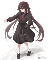 Rule 34 | 1girl, absurdres, adapted costume, alternate costume, artist name, asiri senpai, black dress, black footwear, black sash, bow, brown dress, brown eyes, collared dress, commentary, commentary request, dress, flower-shaped pupils, full body, genshin impact, hand on own hip, highres, hu tao (genshin impact), loafers, long hair, long sleeves, looking at viewer, no headwear, red eyes, sash, shadow, shoes, simple background, smile, socks, solo, standing, symbol-shaped pupils, twintails, twitter logo, very long hair, white background, white socks