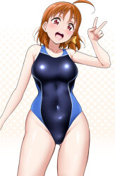 Rule 34 | 1girl, :o, blush, bow, breasts, collarbone, competition swimsuit, cowlick, from below, gluteal fold, hair bow, highres, love live!, love live! sunshine!!, medium breasts, medium hair, one-piece swimsuit, open mouth, orange hair, parted bangs, polka dot, polka dot background, red eyes, sleeveless, smile, solo, swimsuit, takami chika, teeth, upper teeth only, v, yellow bow, yopparai oni