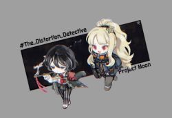 Rule 34 | bad id, bad twitter id, black eyes, black hair, blonde hair, blouse, chibi, chromatic aberration, closed mouth, coat, coat on shoulders, collared shirt, ezra (project moon), frilled sleeves, frills, full body, hair ornament, highres, jacket, long hair, long sleeves, moses (project moon), open mouth, pants, pink stuffed animal, ponytail, project moon, red eyes, shirt, simple background, spicy punch, star (symbol), star hair ornament, striped legwear, stuffed animal, stuffed toy, teddy bear, the distortion detective, vertical-striped legwear, white shirt, yuria (project moon), zipper
