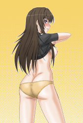 Rule 34 | 1girl, ass, blush, breasts, brown hair, butt crack, clothes lift, from behind, looking back, misnon the great, muv-luv, muv-luv alternative, nipples, panties, purple eyes, shirt lift, solo, takamura yui, underwear, yellow panties