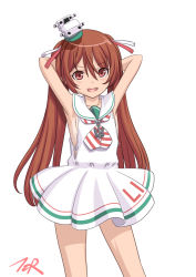 Rule 34 | 1girl, anchor ornament, arms behind head, arms up, artist logo, brown eyes, brown hair, clothes writing, cowboy shot, dress, highres, kantai collection, libeccio (kancolle), long hair, looking at viewer, neckerchief, sailor collar, sailor dress, simple background, solo, standing, striped neckerchief, striped neckwear, t2r, tan, tanline, twintails, white background, white sailor collar