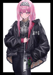 Rule 34 | 1girl, absurdres, alternate costume, animal print, black nails, chain, chain necklace, collared jacket, eyelashes, hand in pocket, headband, highres, hololive, hololive english, jacket, jewelry, kmgrru, long hair, long sleeves, mori calliope, nail, nail polish, necklace, outside border, pink eyes, pink hair, ring, skull ring, solo, straight hair, streetwear, sweater, tagme, turtleneck, turtleneck sweater, virtual youtuber, white background