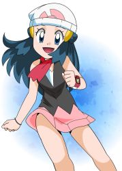 Rule 34 | 1girl, blue eyes, blue hair, breasts, creatures (company), dawn (pokemon), female focus, game freak, hainchu, looking at viewer, matching hair/eyes, nintendo, pokemon, pokemon (anime), pokemon dppt (anime), scarf, skirt, small breasts, smile, solo