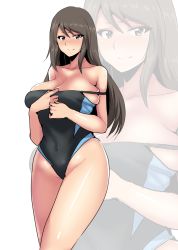 Rule 34 | 1girl, bare shoulders, breasts, brown eyes, brown hair, cleavage, clothes pull, competition swimsuit, covered navel, girls und panzer, hifumi hajime, highres, long hair, looking at viewer, mika (girls und panzer), one-piece swimsuit, one-piece swimsuit pull, solo, swimsuit