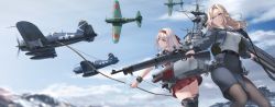 Rule 34 | 2girls, aircraft, airplane, anti-aircraft, anti-aircraft gun, ass, autocannon, belt, black belt, black jacket, black legwear, black neckwear, black skirt, blonde hair, blush, bofors 40 mm gun, bofors 40 mm l/60 gun, bolt action, bomber jacket, boots, bow (weapon), breasts, cannon, commentary request, dress shirt, flight deck, grey eyes, gun, hair ribbon, hairband, highres, holding, holding weapon, hornet (kancolle), jacket, japanese clothes, kantai collection, large breasts, long hair, looking at viewer, m1903 springfield, machinery, miko, military, multiple girls, necktie, ocean, outdoors, pantyhose, pencil skirt, ribbon, rifle, rigging, rokuwata tomoe, shirt, shoukaku (kancolle), skirt, smile, thigh boots, thighhighs, weapon, white shirt