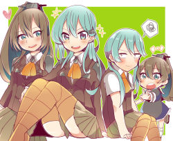 Rule 34 | 10s, 2girls, alternate hairstyle, aqua eyes, aqua hair, brown hair, dual persona, hair ornament, hairclip, kantai collection, kumano (kancolle), long hair, multiple girls, oomori (kswmr), open mouth, personification, ponytail, school uniform, suzuya (kancolle), thighhighs, twintails, aged down