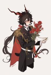 Rule 34 | 1boy, animal ears, arknights, artist name, black cape, black coat, black hair, black necktie, black pants, blush, bouquet, cape, coat, cowboy shot, ebenholz (arknights), ebenholz (eine variation) (arknights), epaulettes, flower, gloves, goat boy, goat ears, goat horns, grey background, hair between eyes, highres, holding, holding bouquet, holding pocket watch, horns, long hair, long sleeves, looking at viewer, male focus, necktie, pants, pocket watch, purple eyes, red cape, red flower, red rose, rose, shikiri, shirt, simple background, solo, sweatdrop, twitter username, very long hair, watch, white gloves, white shirt