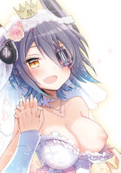 Rule 34 | 10s, 1girl, :d, alternate costume, assisted exposure, bare shoulders, black hair, blush, breast slip, breasts, cleavage, crown, dress, eyepatch, fang, flower, holding hands, headgear, jewelry, kantai collection, large breasts, looking at viewer, mini crown, necklace, nipples, one breast out, open mouth, puffy nipples, ring, rose, short hair, smile, solo focus, tenryuu (kancolle), veil, wedding, wedding band, wedding dress, yellow eyes, yuzuki ryouta
