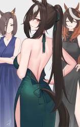 Rule 34 | 3girls, air groove (umamusume), animal ears, back, backless dress, backless outfit, bare arms, bare back, bare shoulders, black dress, black hair, blue dress, blue eyes, blush, brown hair, clothing cutout, commentary request, crossed arms, dress, duplicate, from behind, green dress, grey background, hair between eyes, hayabusa (vert 320), highres, hip vent, horse ears, horse girl, horse tail, jewelry, long hair, looking at viewer, looking back, multicolored hair, multiple girls, necklace, parted lips, partially unzipped, pixel-perfect duplicate, ponytail, red eyes, signature, sirius symboli (umamusume), solo focus, streaked hair, symboli rudolf (umamusume), tail, tail through clothes, umamusume, very long hair