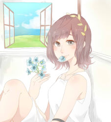 Rule 34 | 1girl, black eyes, blue flower, blush, breasts, brown hair, closed mouth, collarbone, commentary request, dress, flower, highres, holding, holding flower, jewelry, kashikaze, kusuda aina, leaf wreath, looking at viewer, medium breasts, medium hair, necklace, petal in mouth, real life, sidelocks, sleeveless, sleeveless dress, solo, voice actor, white dress
