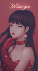Rule 34 | 1girl, alternate costume, artist name, black hair, blurry, breasts, chandelier earrings, choker, chromatic aberration, cleavage, collarbone, depth of field, drop earrings, earrings, elbow gloves, eyelashes, eyeshadow, final fantasy, final fantasy xiv, flower, glitter, gloves, highres, hime cut, jewelry, lips, lipstick, long hair, lotus, makeup, mole, mole under mouth, red background, red choker, red eyeshadow, red gloves, sidelocks, simple background, small breasts, soft focus, solo, sparkle, sunlight (kpxv3583), tsurime, upper body, yellow eyes, yotsuyu goe brutus