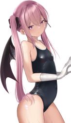 Rule 34 | 1girl, absurdres, arched back, bare shoulders, breasts, closed mouth, commentary request, cowboy shot, demon girl, demon wings, doyachii, from side, gloves, hair between eyes, hair ornament, hair ribbon, highres, long hair, looking at viewer, one-piece swimsuit, original, pink hair, pout, purple eyes, ribbon, school swimsuit, shiny clothes, shiny skin, sidelocks, simple background, small breasts, solo, swimsuit, twintails, white background, white gloves, wings, x hair ornament